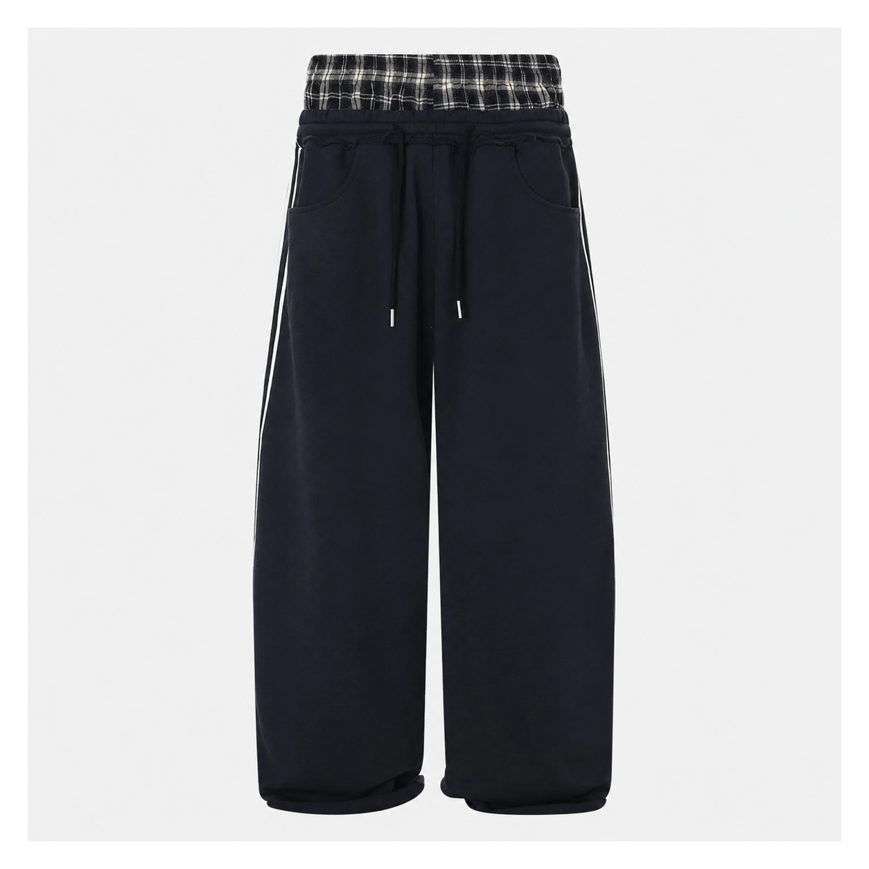Women's Double-Waist Plaid Wide-Leg Sweatpants - Dark Blue