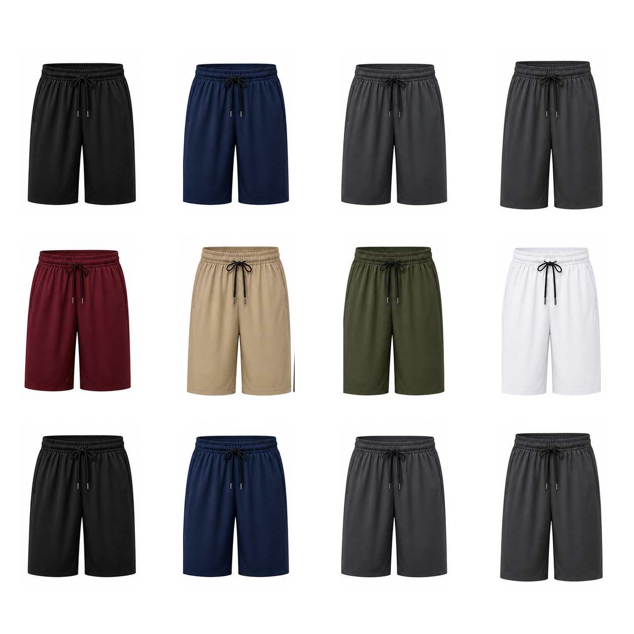 Men's 8-Piece Smooth Polyester Drawstring Athletic Shorts Set - 12-Pack Assorted Set