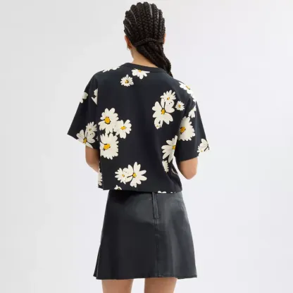 Floral Cropped Signature Script T Shirt In Organic Cotton