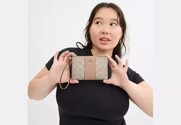 Corner Zip Wristlet In Signature Canvas With Stripe