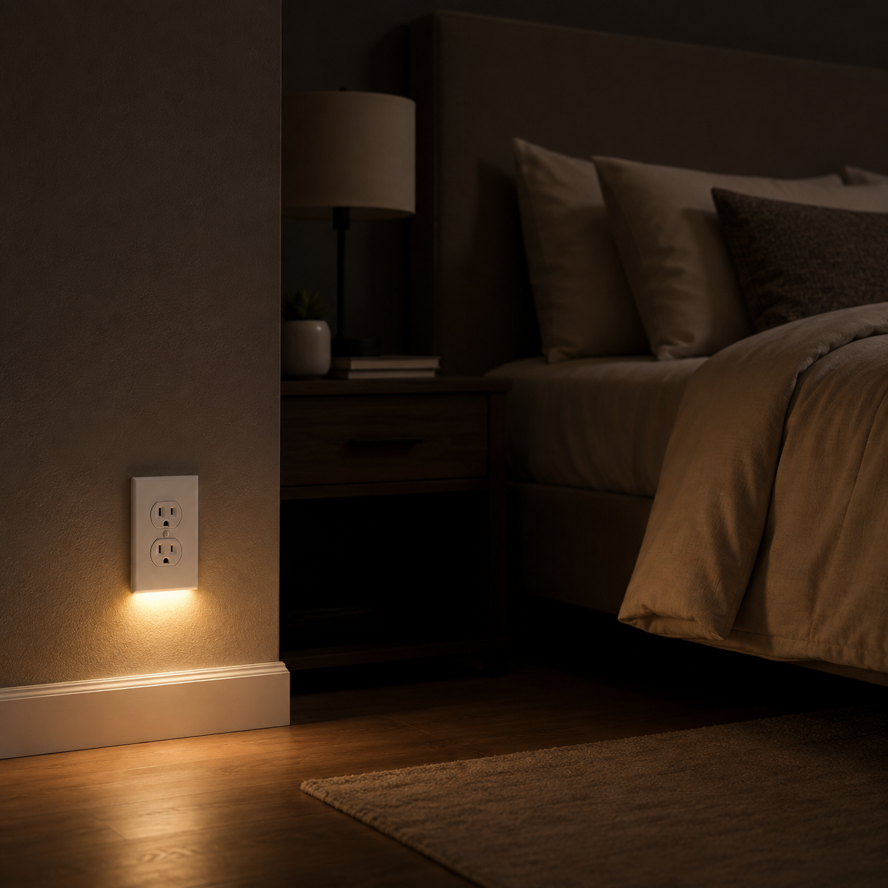 LED outlet night light in bedroom