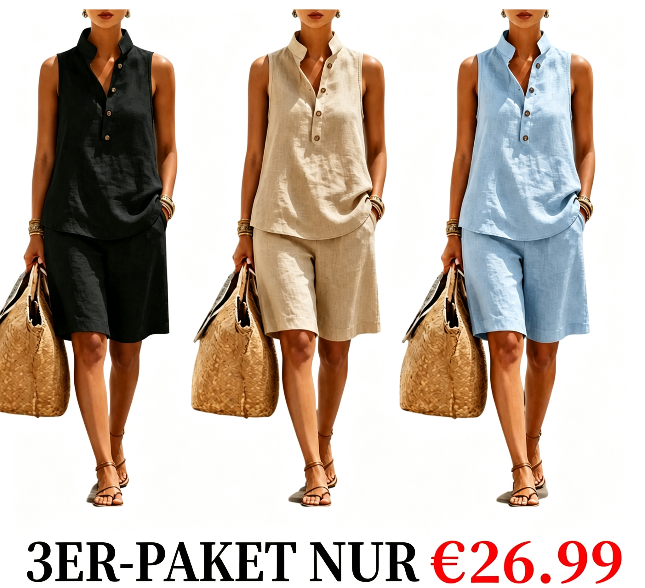 Lässiges und bequemes zweiteiliges Damen-Set aus Leinen-Baumwolle mit ärmellosem Oberteil und Shorts