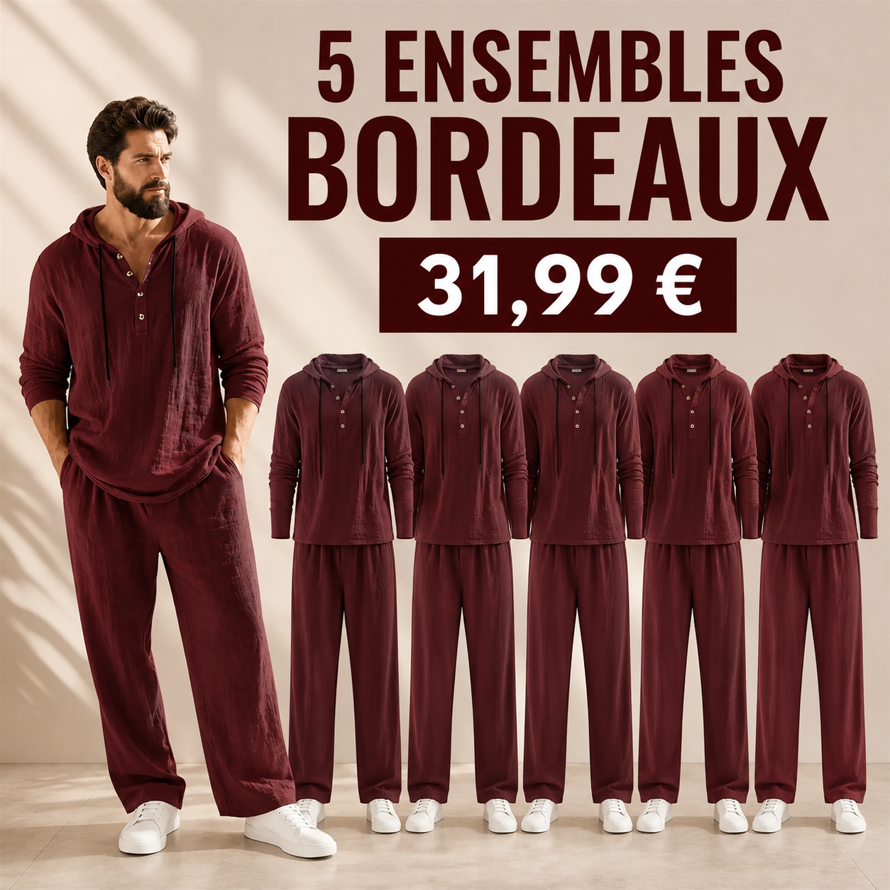 OFFRE FINALE - Lot de 10 a seulement 39,99 € - Ensemble homme avec haut Henley a capuche et pantalon decontracte