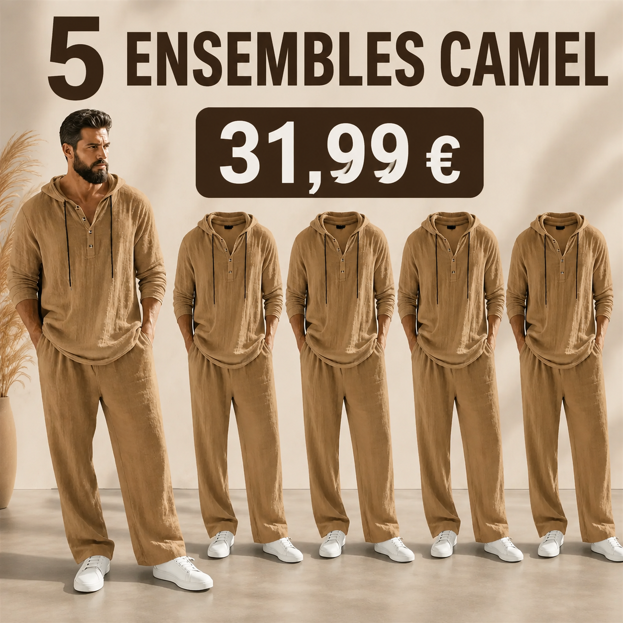 OFFRE FINALE - Lot de 10 a seulement 39,99 € - Ensemble homme avec haut Henley a capuche et pantalon decontracte