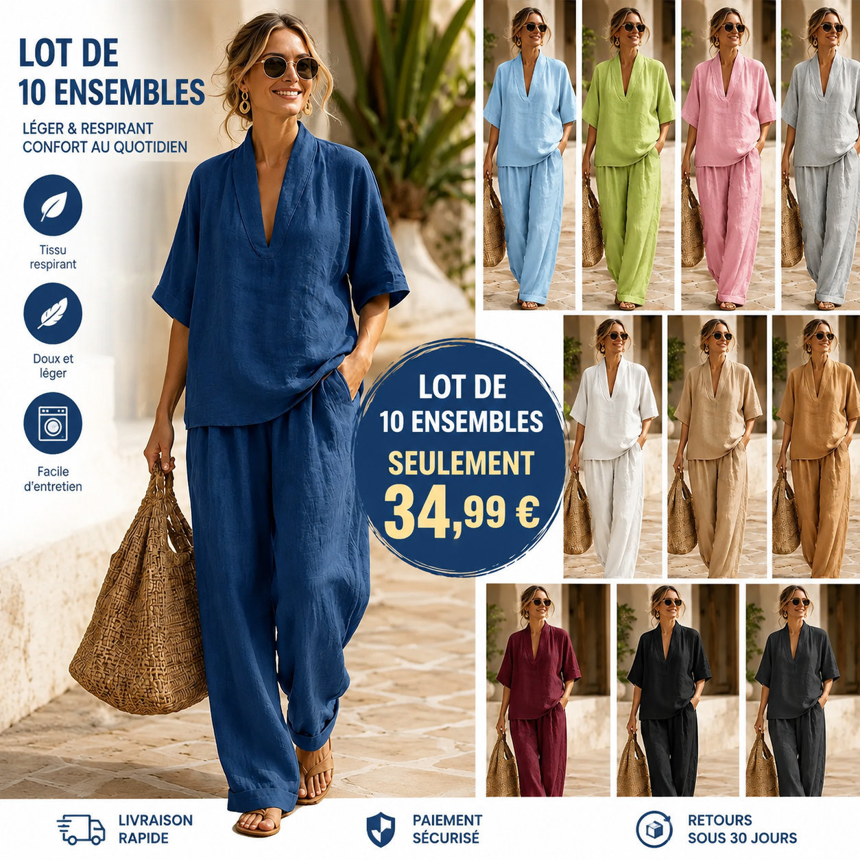 ⏰ Vente de déstockage⚡Lot de 10 à seulement 34,99 €⚡ Ensemble deux pièces en lin, décontracté, confortable et minimaliste