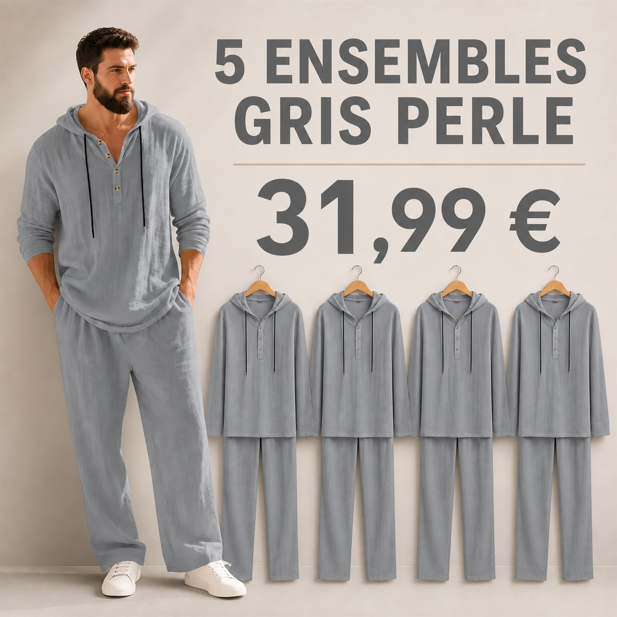 OFFRE FINALE - Lot de 10 a seulement 39,99 € - Ensemble homme avec haut Henley a capuche et pantalon decontracte