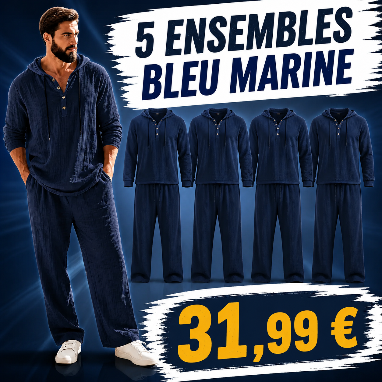 OFFRE FINALE - Lot de 10 a seulement 39,99 € - Ensemble homme avec haut Henley a capuche et pantalon decontracte