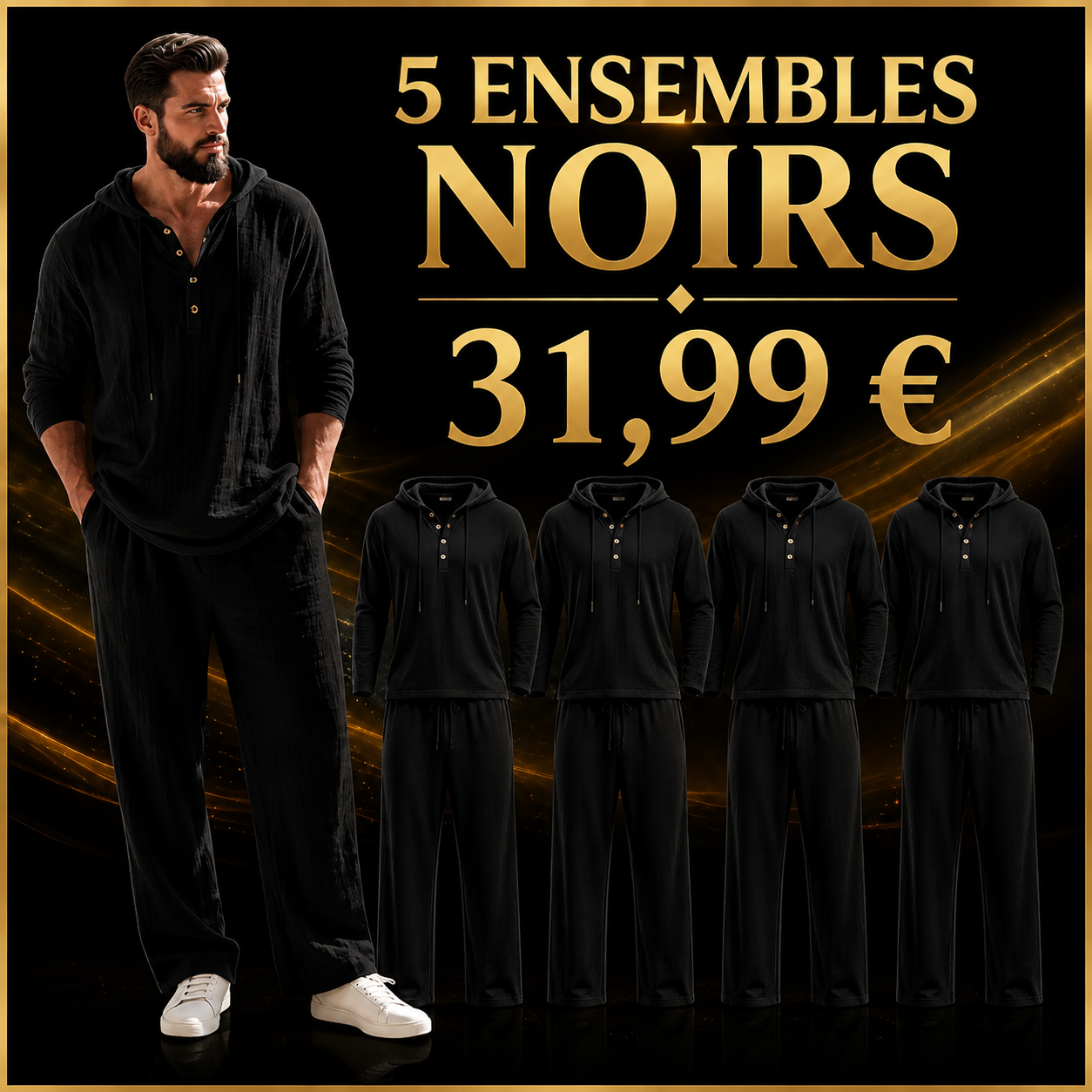 OFFRE FINALE - Lot de 10 a seulement 39,99 € - Ensemble homme avec haut Henley a capuche et pantalon decontracte