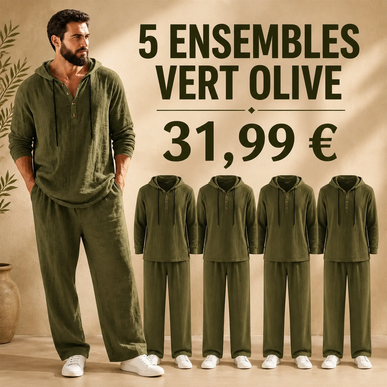 OFFRE FINALE - Lot de 10 a seulement 39,99 € - Ensemble homme avec haut Henley a capuche et pantalon decontracte