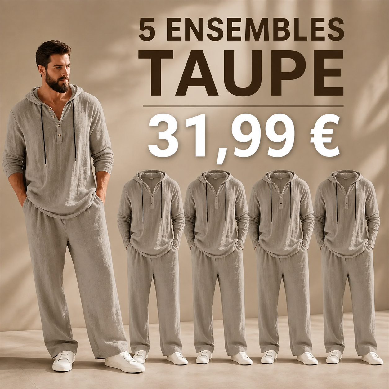 OFFRE FINALE - Lot de 10 a seulement 39,99 € - Ensemble homme avec haut Henley a capuche et pantalon decontracte