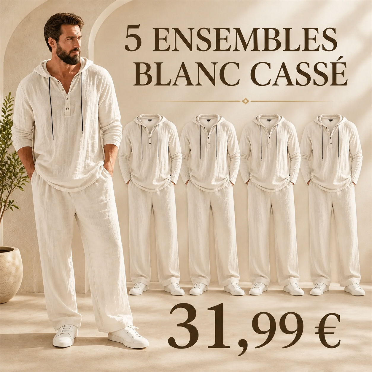 OFFRE FINALE - Lot de 10 a seulement 39,99 € - Ensemble homme avec haut Henley a capuche et pantalon decontracte