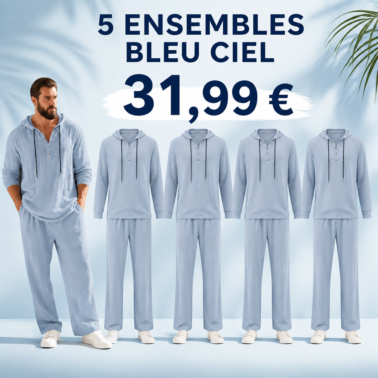 OFFRE FINALE - Lot de 10 a seulement 39,99 € - Ensemble homme avec haut Henley a capuche et pantalon decontracte