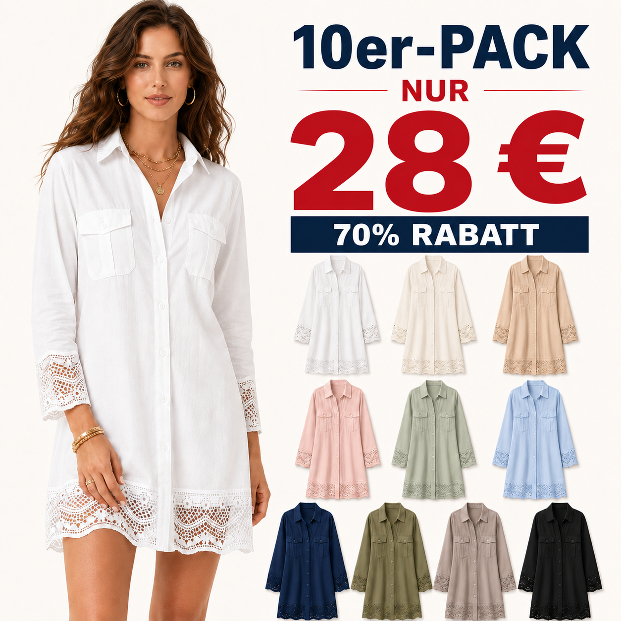⏰Räumungsverkauf⚡10er-Pack für 28 €⚡ Damen-Hemdkleid mit Knopfleiste und Spitzenbesatz