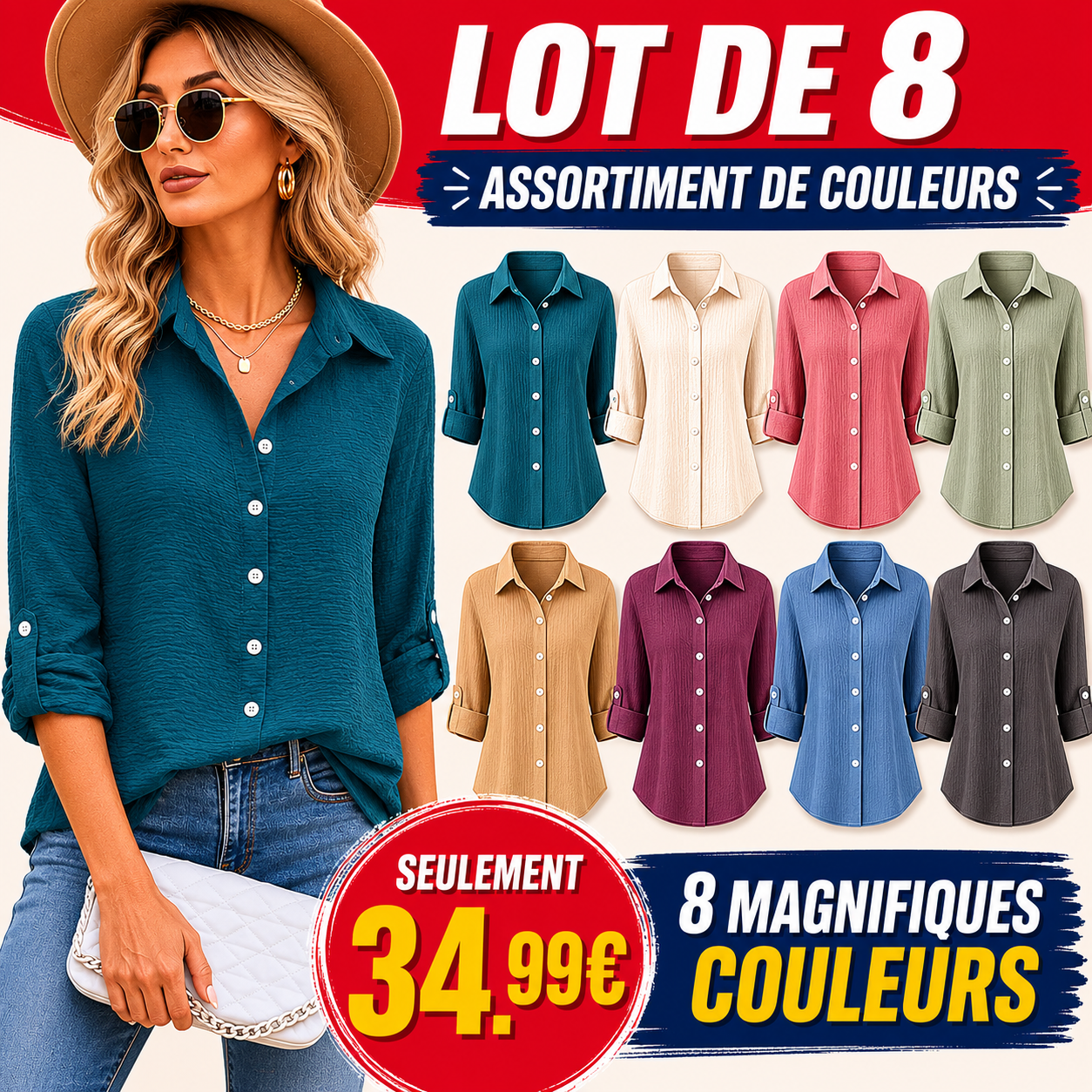 🇫🇷 Offre Limitée – Lot de 8 Chemisiers Femme Froissés à Boutonnage Frontal