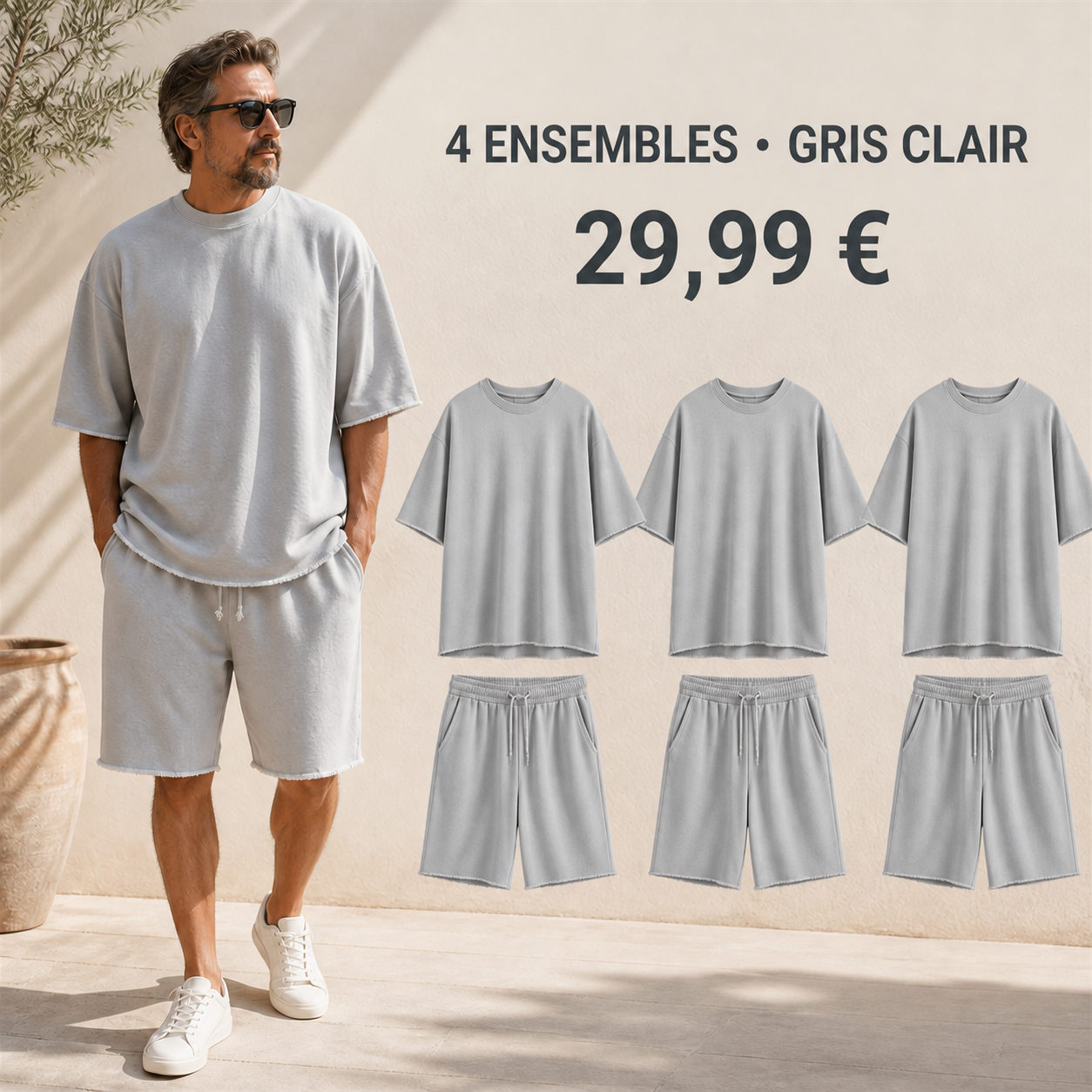 OFFRE FINALE - Lot de 8 a seulement 39,99 € - Ensemble homme avec t-shirt ample et short a cordon aux bords francs