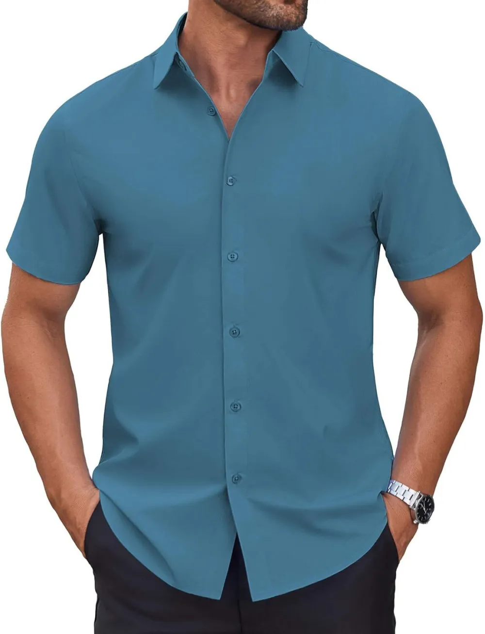 Chemise habillée à manches courtes pour homme – Sans repassage, décontractée, boutonnée, idéale à porter hors du pantalon pour l’été