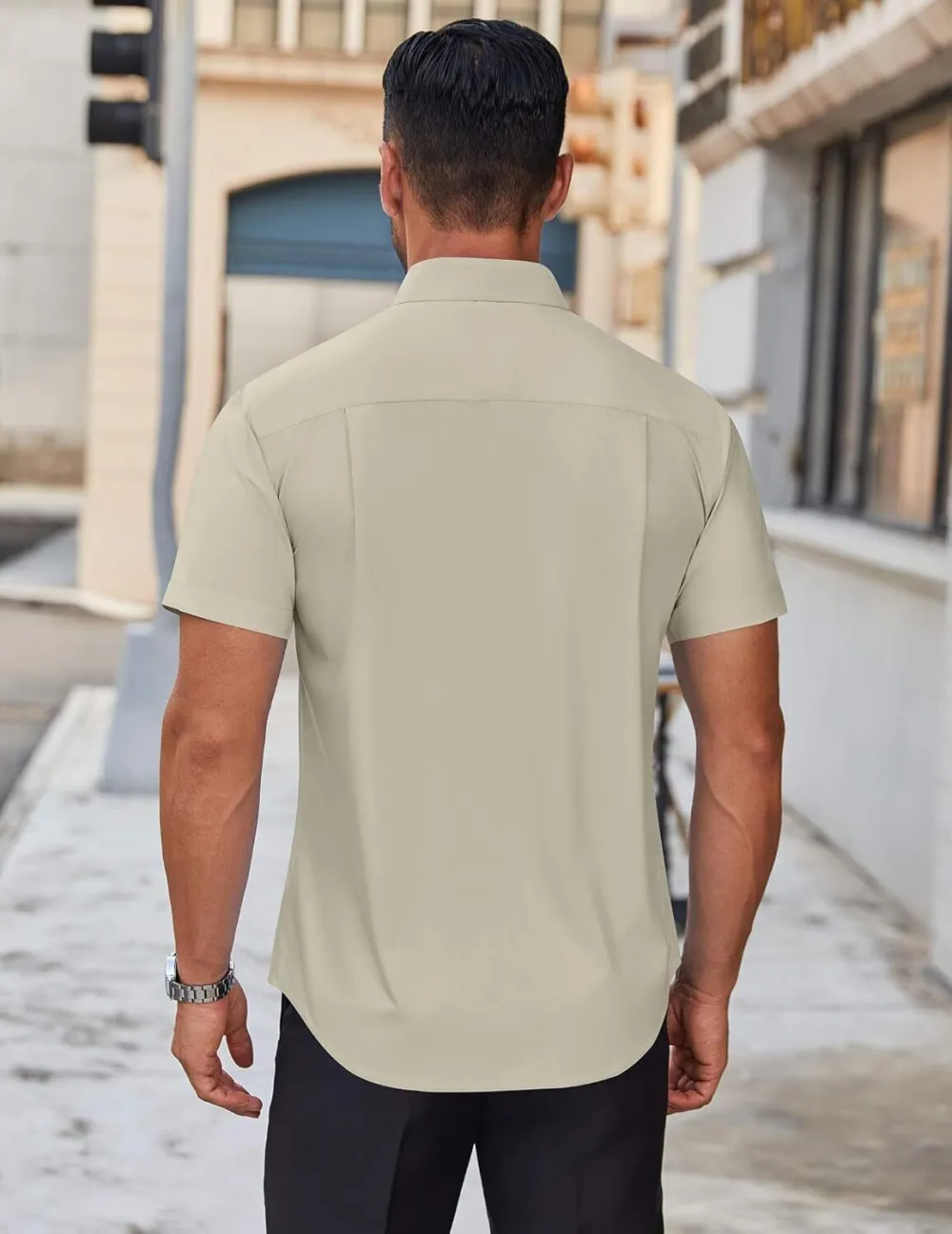 Chemise habillée à manches courtes pour homme – Sans repassage, décontractée, boutonnée, idéale à porter hors du pantalon pour l’été