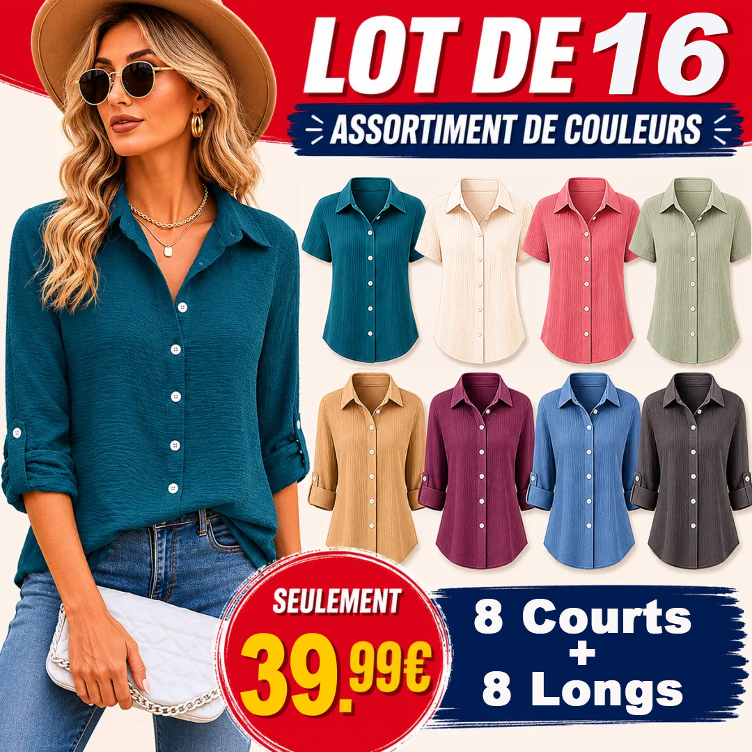 ⏰Offre Limitée⚡Lot de 16 Pour 39.99 €⚡Chemisiers  Femme Froissés à Boutonnage Frontal