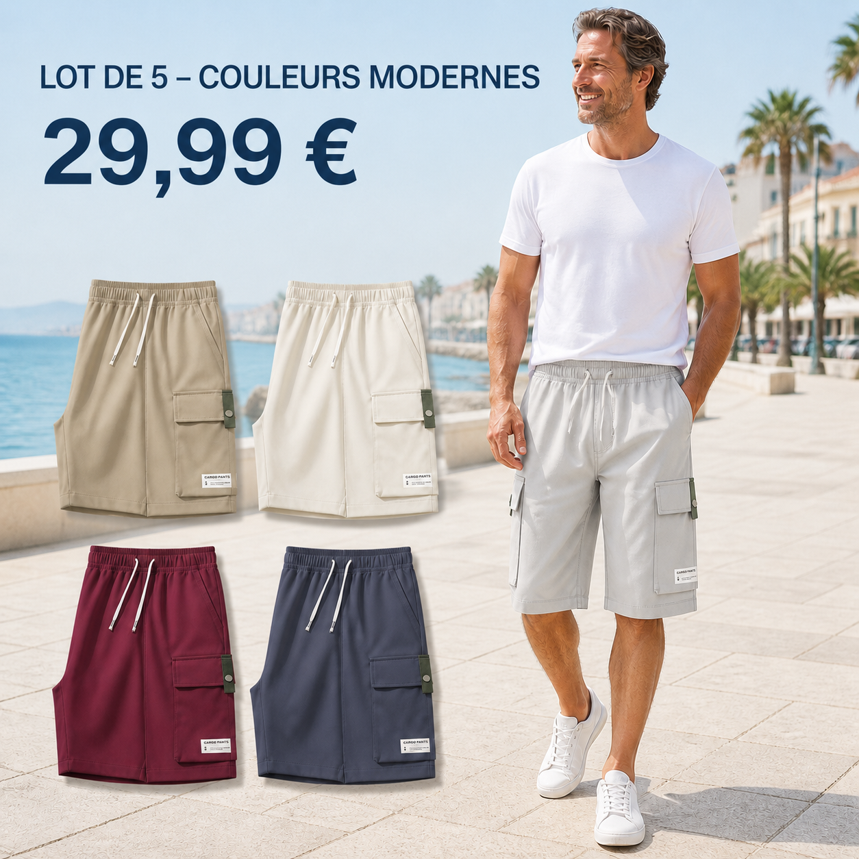 OFFRE FINALE - Lot de 10 a seulement 39,99 € - Pantacourt cargo homme a taille elastiquee et cordon