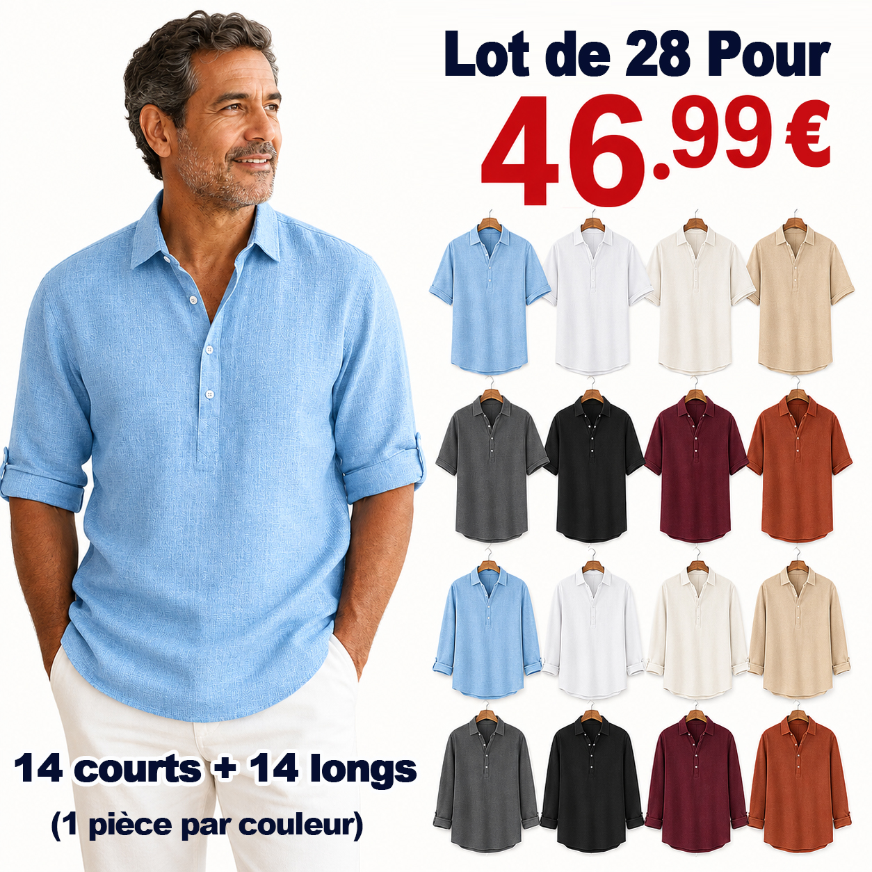 ⏰ Vente de déstockage⚡Lot de 28 à seulement 46,99 €⚡Chemise homme en lin, coupe décontractée – manches courtes et longues