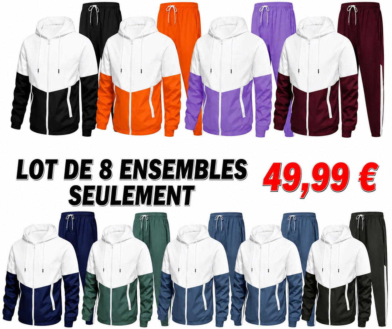 Ensemble unisexe hoodie à cordon de serrage color-block et pantalon de survêtement à finition côtelée française