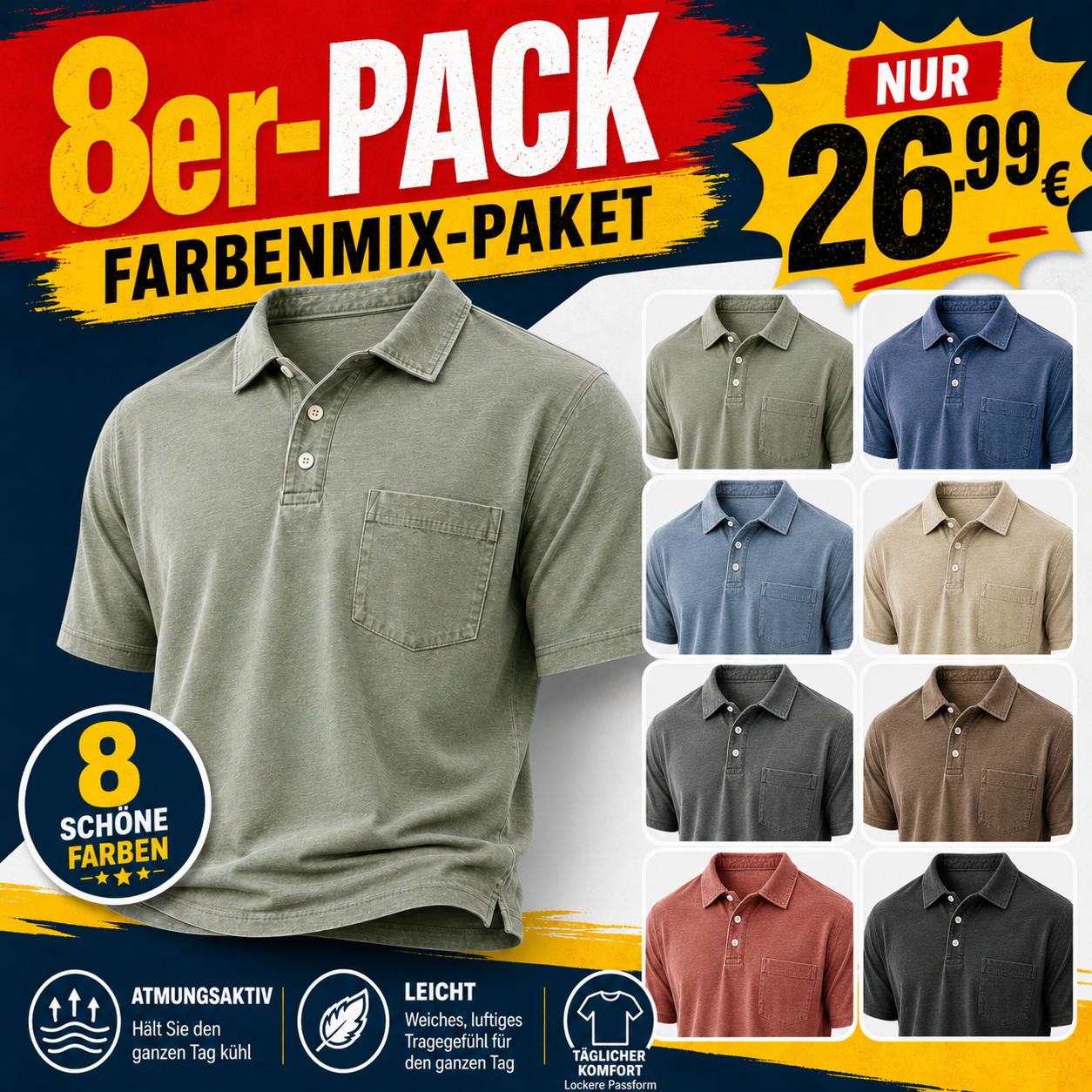 Limitierter Deal: 16er-Pack nur 37,99 € Herren Poloshirts aus gewaschener Baumwollmischung, leicht, atmungsaktiv, lockere Passform mit 3-Knopf-Leiste