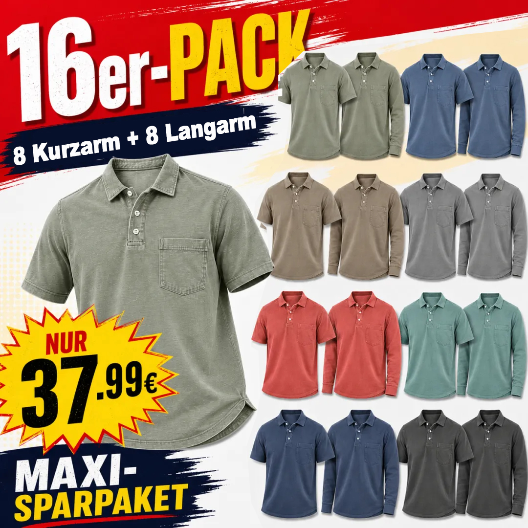 Limitierter Deal: 16er-Pack nur 37,99 € - Herren Poloshirts aus gewaschener Baumwollmischung, leicht, atmungsaktiv, lockere Passform mit 3-Knopf-Leiste