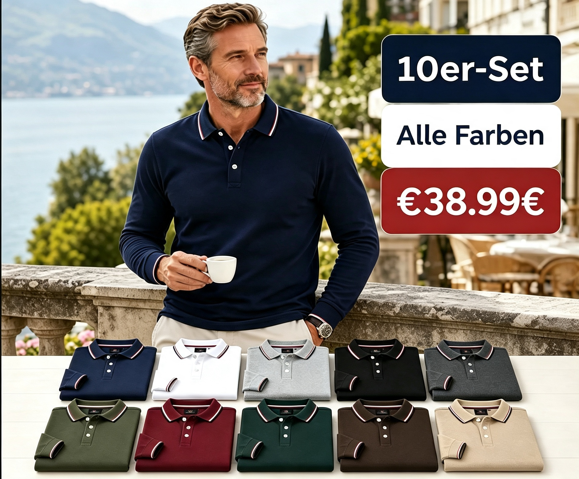 Herren Langarm-Polohemd mit Kontraststreifen
