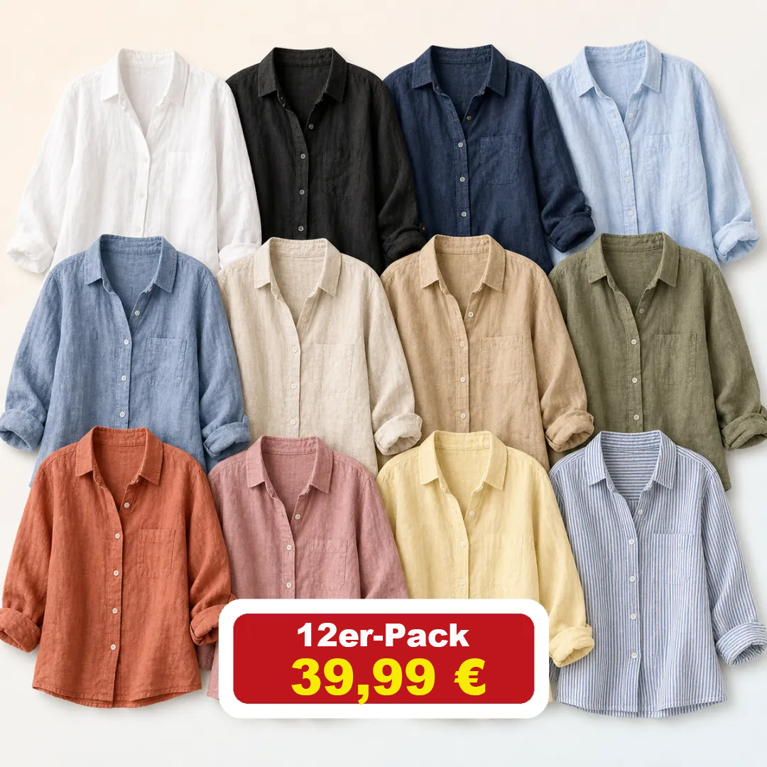 ⏰Geschäftsschließung – Räumungsverkauf⚡12er-Pack für 39,99 €⚡👚Leichte Damen-Leinenhemden mit langen Ärmeln und Knopfleiste
