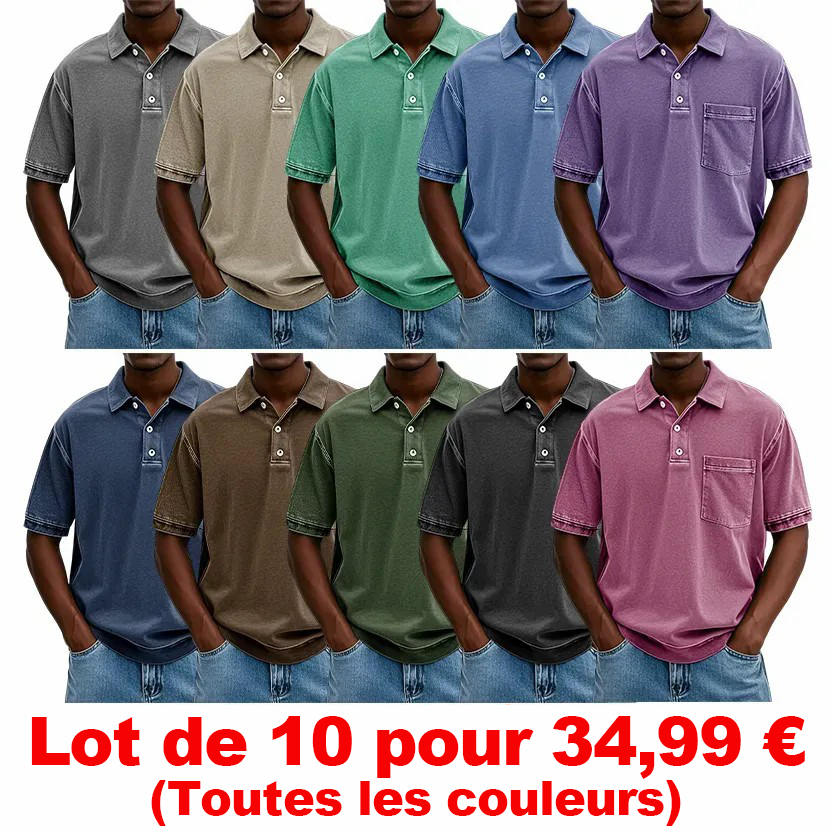 ✨VENTE FINALE✨ 10 pièces à seulement 34,99 € ✨ – Polo homme rétro délavé à col revers avec poche et manches courtes