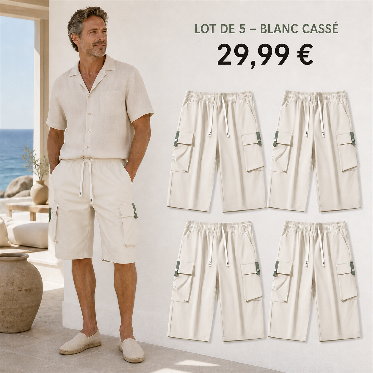 OFFRE FINALE - Lot de 10 a seulement 39,99 € - Pantacourt cargo homme a taille elastiquee et cordon