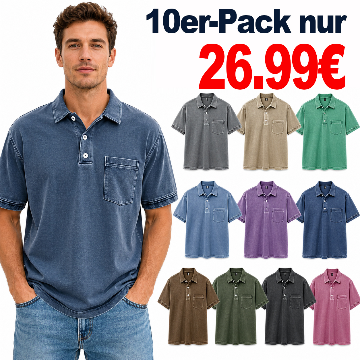 ✨ENDVERKAUF✨ 20er-Pack nur 36,99 € ✨ – Retro-Poloshirt für Herren im Used-Look mit Reverskragen, Tasche und kurzen Ärmeln