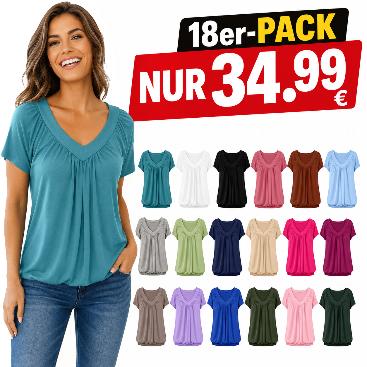 Lässiges Damen-Sommer-T-Shirt mit kurzen Ärmeln und V-Ausschnitt – lockere Passform und bequeme Raffung