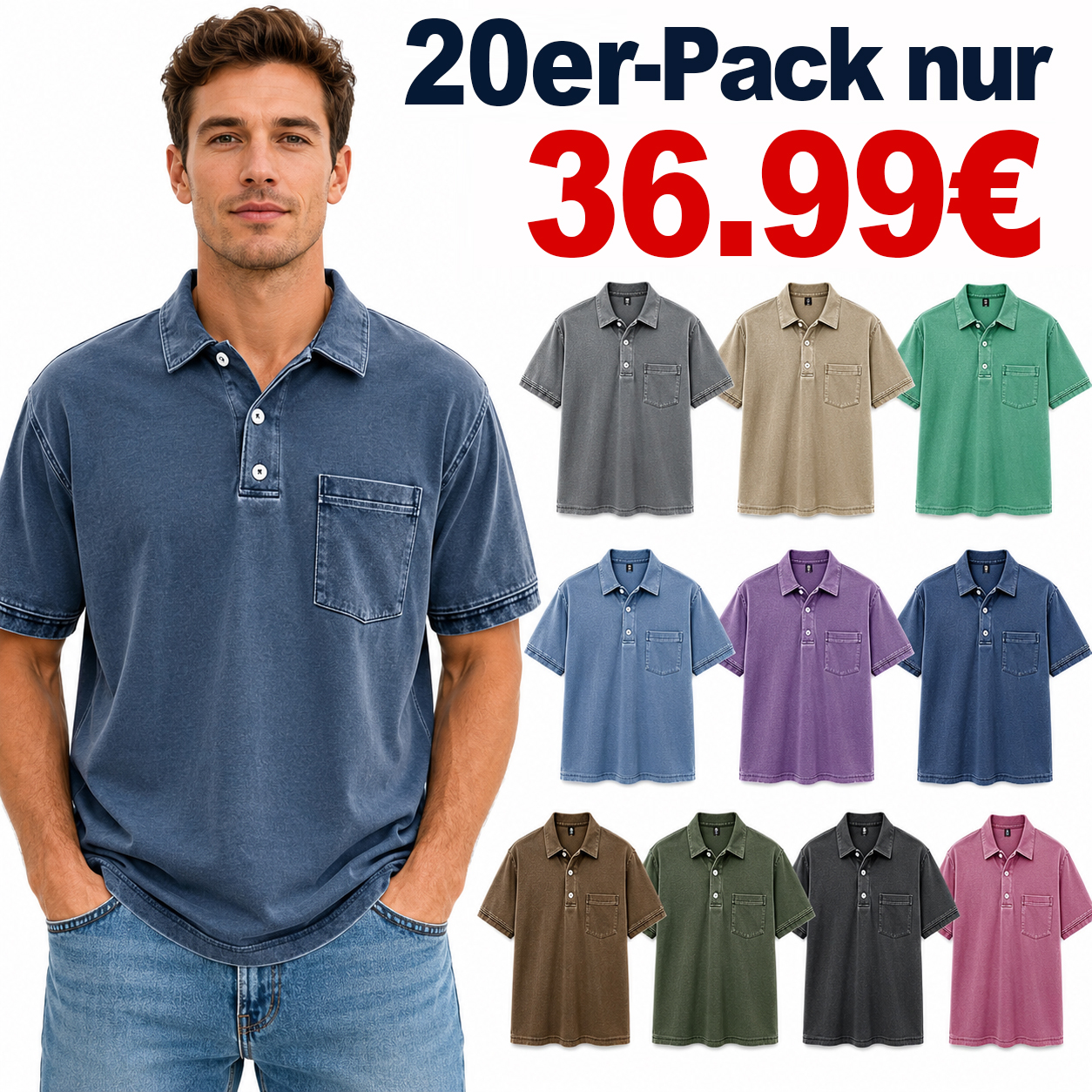 ✨ENDVERKAUF✨ 20er-Pack nur 36,99 € ✨ – Retro-Poloshirt für Herren im Used-Look mit Reverskragen, Tasche und kurzen Ärmeln