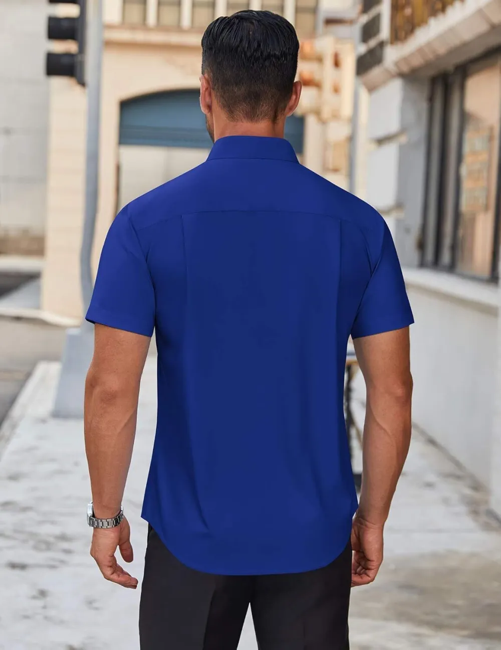 Chemise habillée à manches courtes pour homme – Sans repassage, décontractée, boutonnée, idéale à porter hors du pantalon pour l’été