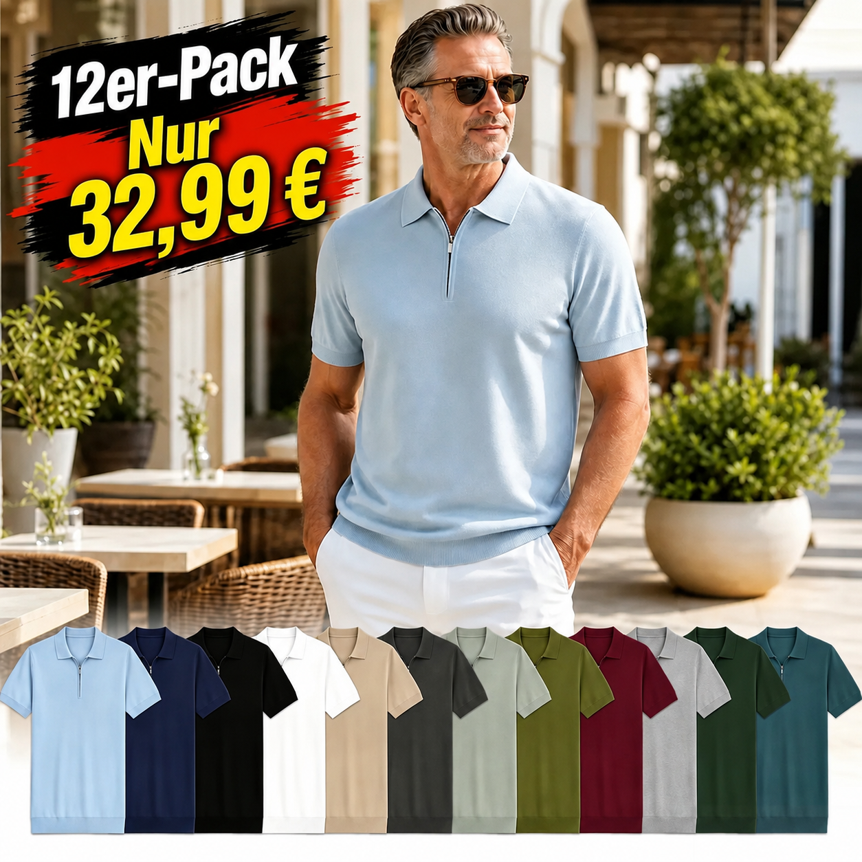 ⏰12er-Pack für 32,99 € ⚡Herren-Poloshirt mit halbem Reißverschluss