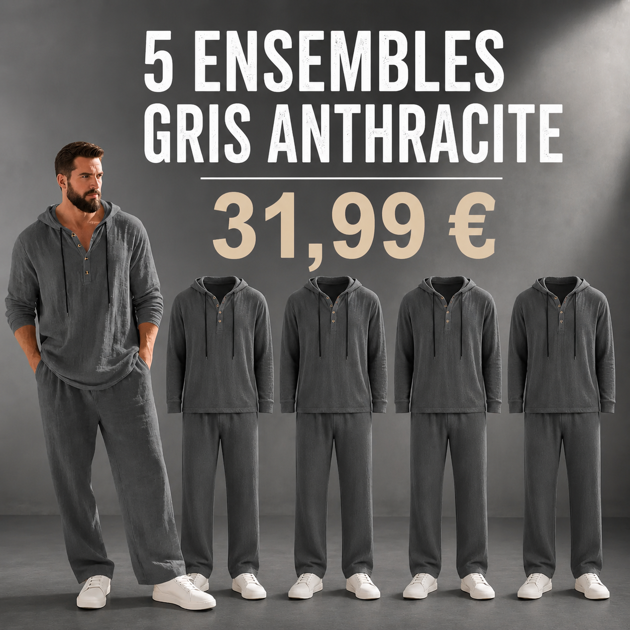 OFFRE FINALE - Lot de 10 a seulement 39,99 € - Ensemble homme avec haut Henley a capuche et pantalon decontracte