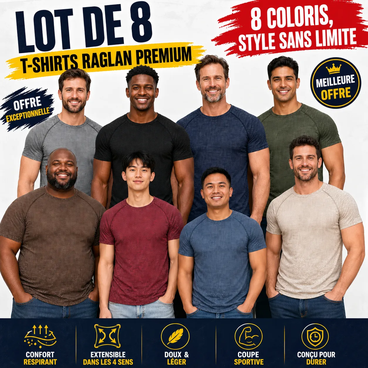 Lot de 8 T-shirts Homme Premium – Offre Limitée à 34,99 €