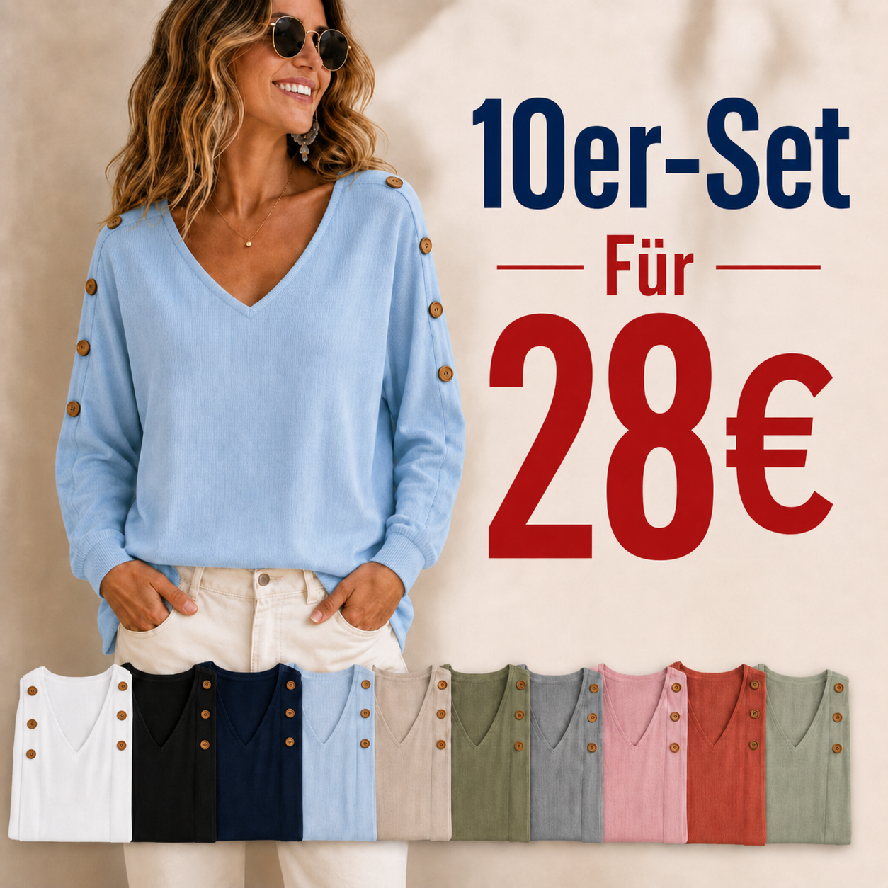 ⏰Räumungsverkauf⚡10er-Pack für 28 €⚡ Damenbluse mit V-Ausschnitt und Knopfärmeln