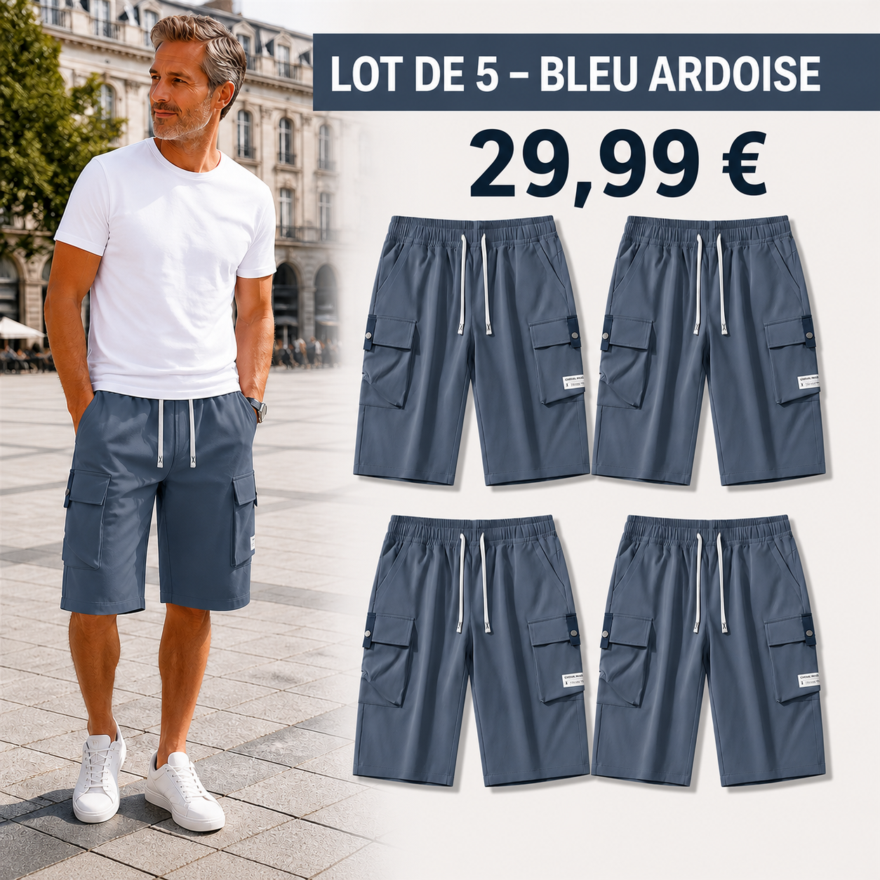 OFFRE FINALE - Lot de 10 a seulement 39,99 € - Pantacourt cargo homme a taille elastiquee et cordon