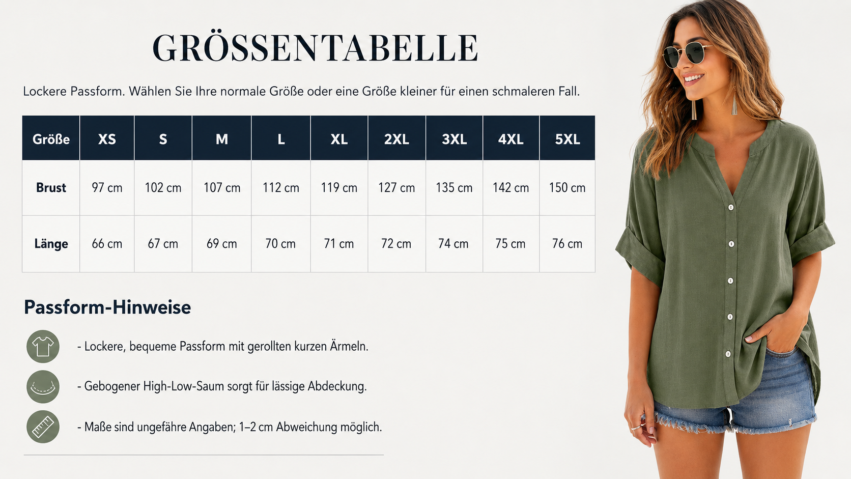 Gr&ouml;&szlig;entabelle der lockeren Damen-Henley-Bluse