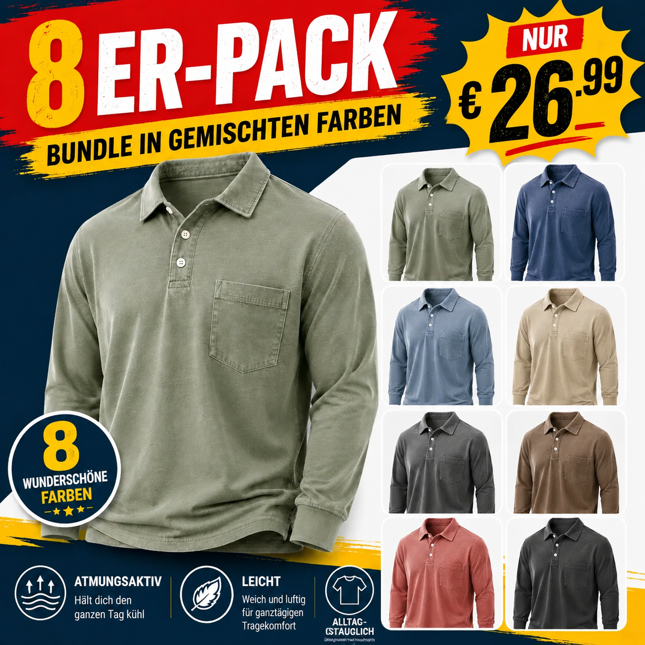 ⏰ Letzter Ausverkauf ⚡16er-Pack nur 37,99€⚡ Herren Poloshirts aus gewaschener Baumwollmischung, leicht & atmungsaktiv, lockere Passform mit 3-Knopf-Leiste