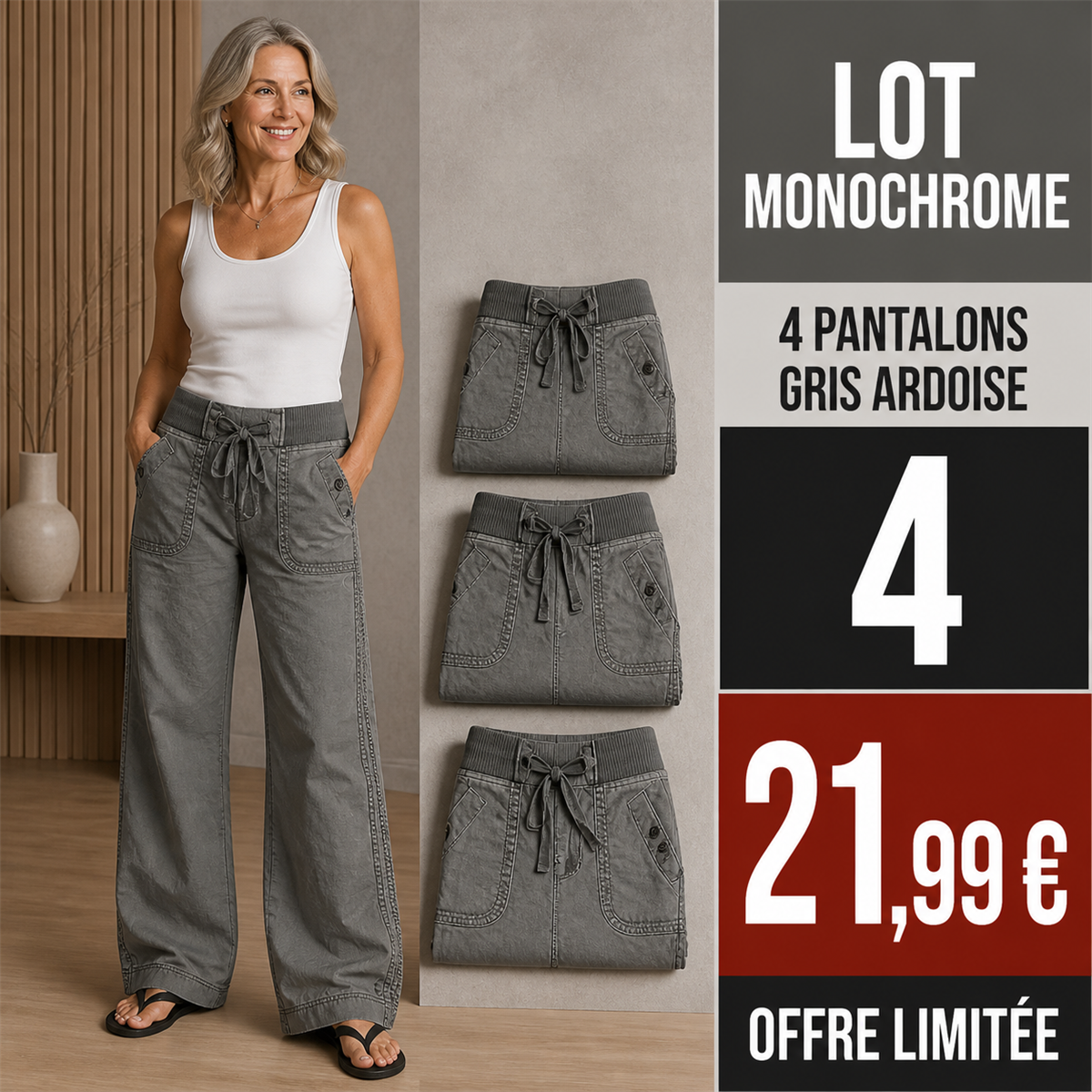 Offre en lot - Pantalon cargo décontracté femme à taille coulissée et poches arrondies