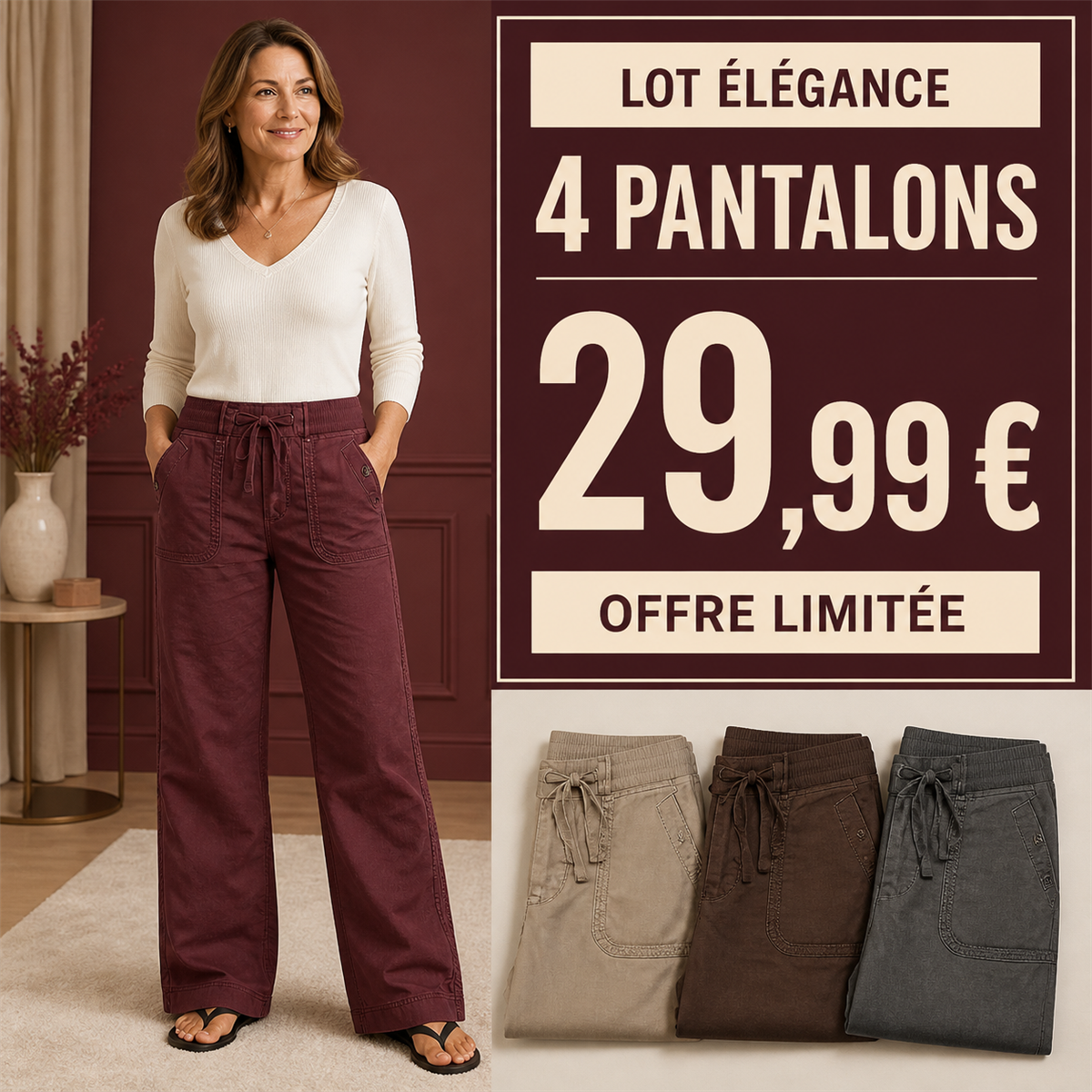 Offre en lot - Pantalon cargo décontracté femme à taille coulissée et poches arrondies