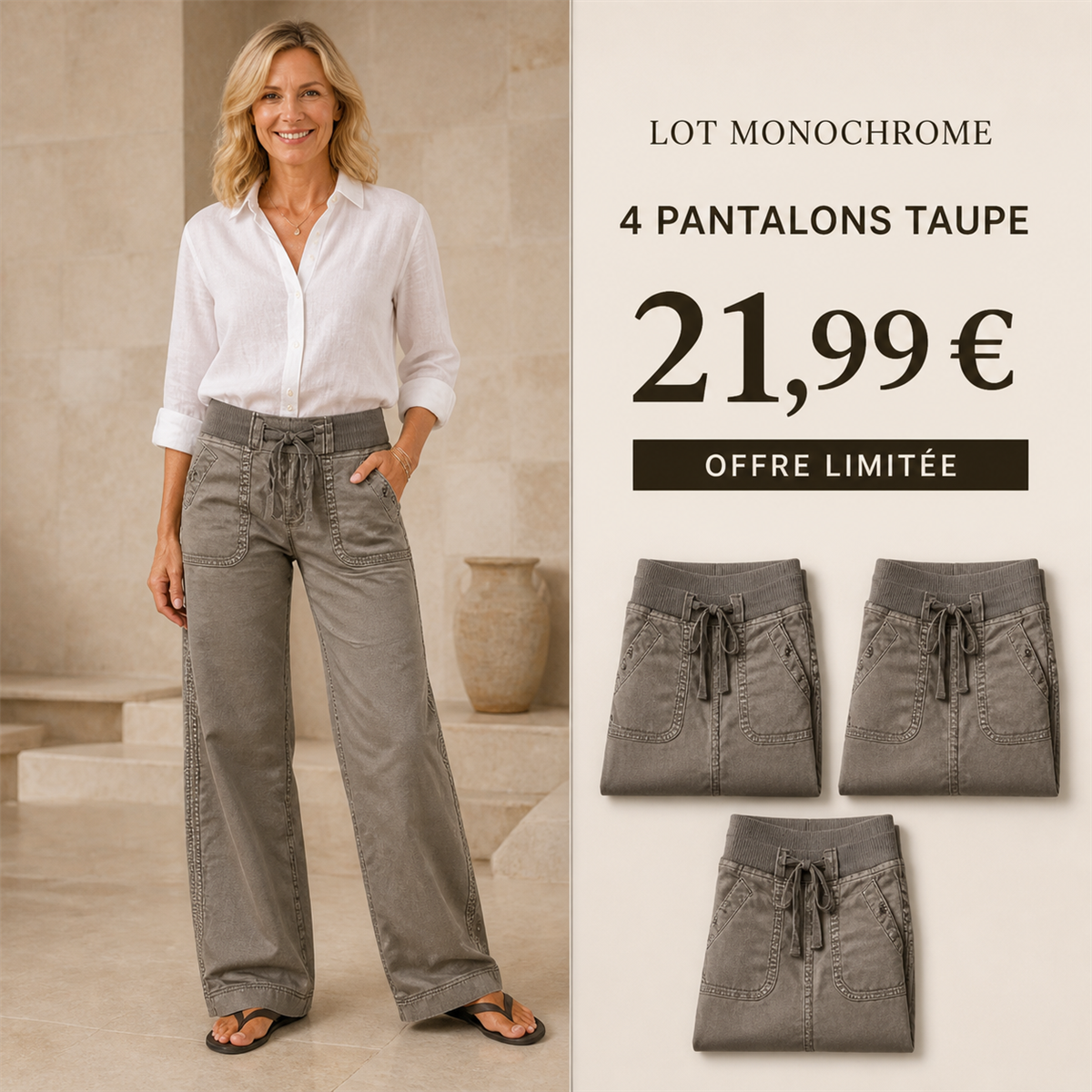 Offre en lot - Pantalon cargo décontracté femme à taille coulissée et poches arrondies