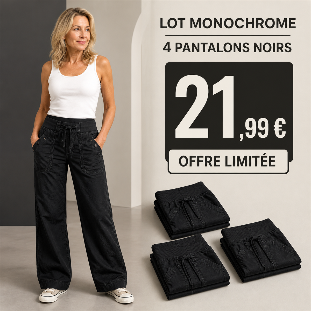 Offre en lot - Pantalon cargo décontracté femme à taille coulissée et poches arrondies