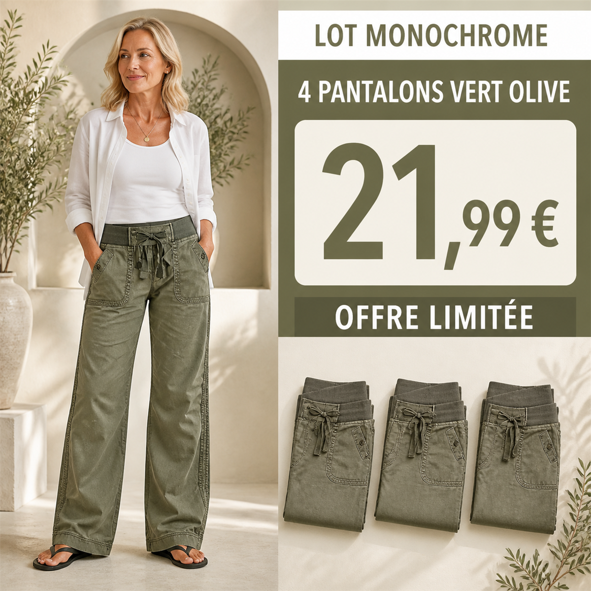 Offre en lot - Pantalon cargo décontracté femme à taille coulissée et poches arrondies