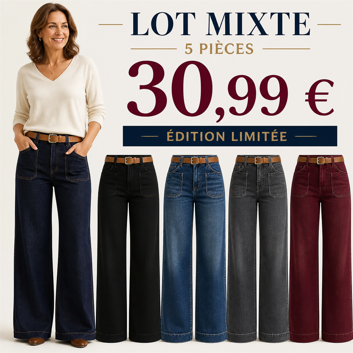 Offre en lot - Jean large femme à poches plaquées et coupe décontractée