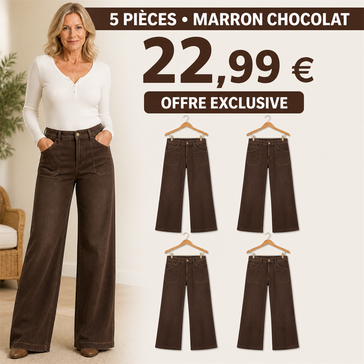 Offre en lot - Jean large femme à poches plaquées et coupe décontractée