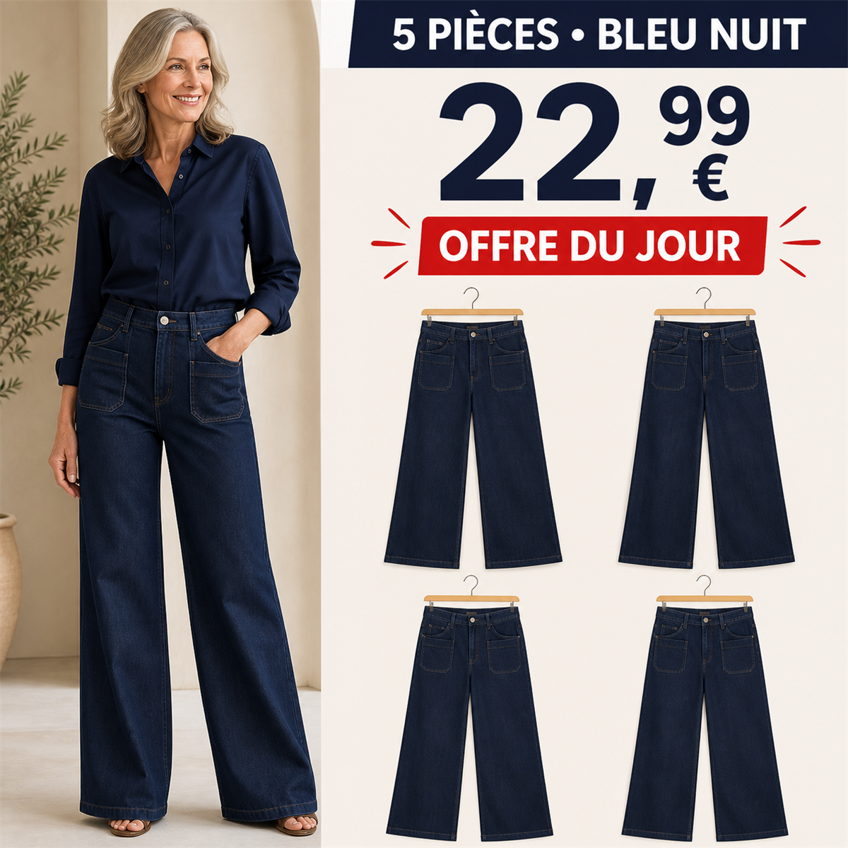Offre en lot - Jean large femme à poches plaquées et coupe décontractée